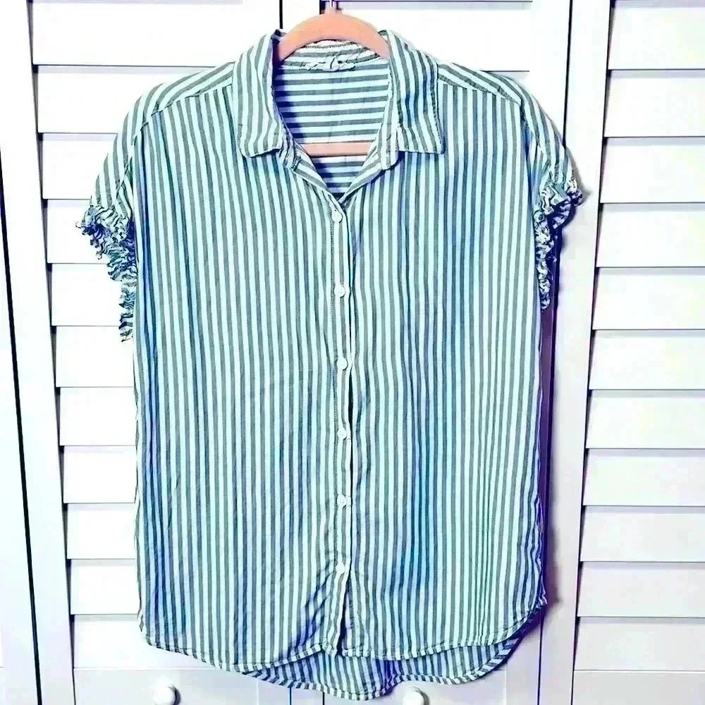 beachlunchlounge Sleeveless Button Up Striped Top Size Small Blue & White